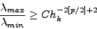 \begin{displaymath}
\frac{\displaystyle \lambda_{max}}{\displaystyle \lambda_{min}} \geq C h_k^{-2[p/2]+2}
\end{displaymath}