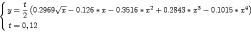 \begin{displaymath}%\label{equation.h2aresuscatt.005}
\left\{ \null\,\vcenter{\o...
...^3 - 0.1015 * x^4 \right) \cr
t & = 0,12 \cr
\crcr}}\, \right.
\end{displaymath}