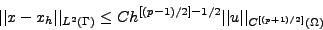\begin{displaymath}%
\vert\vert x-x_h\vert\vert _{L^2(\Gamma)} \leq C h^{[(p-1)/2]-1/2} \vert\vert u\vert\vert _{C^{[(p+1)/2]}(\Omega)}
\end{displaymath}